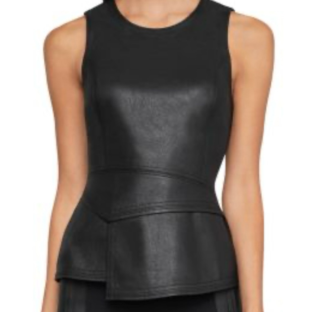 BCBG Tori Faux Leather & Ponte Peplum Top